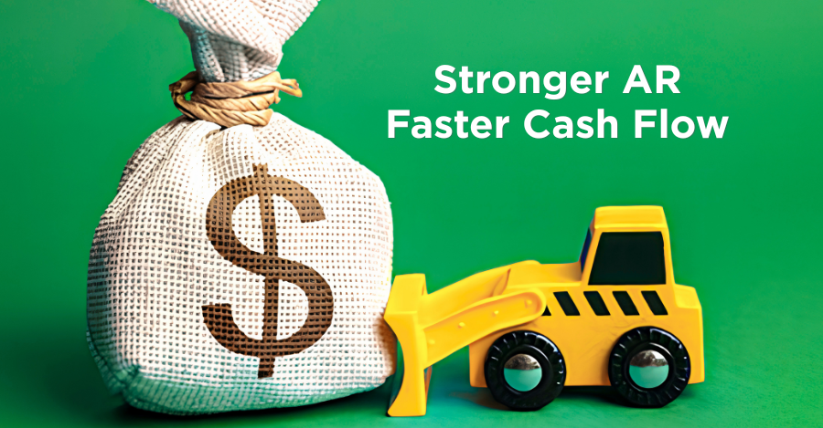 Illustration of construction machinery pushing a bag of cash with a dollar sign, symbolizing improved cash flow for contractors